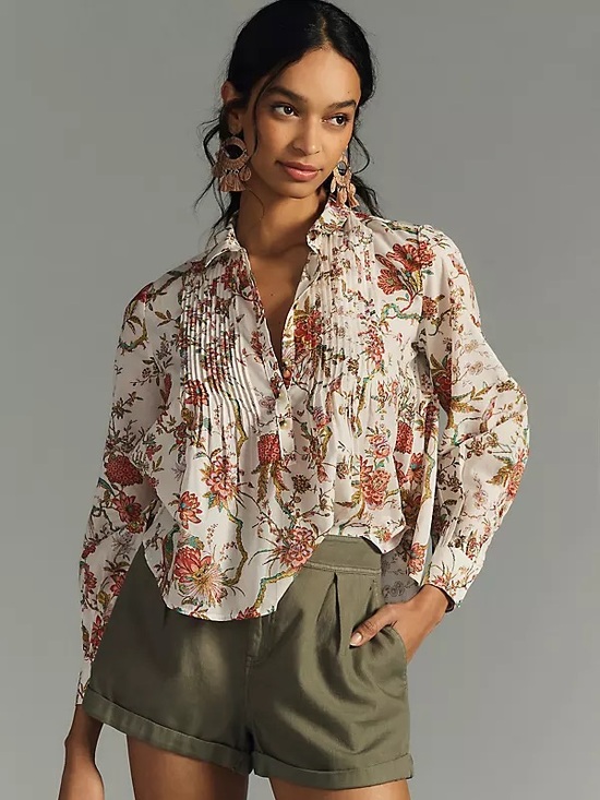 Anthropologie Tops - Anthropologie Pilcro Large - Jolie Pleated Peasant Blouse - Floral Peacocks